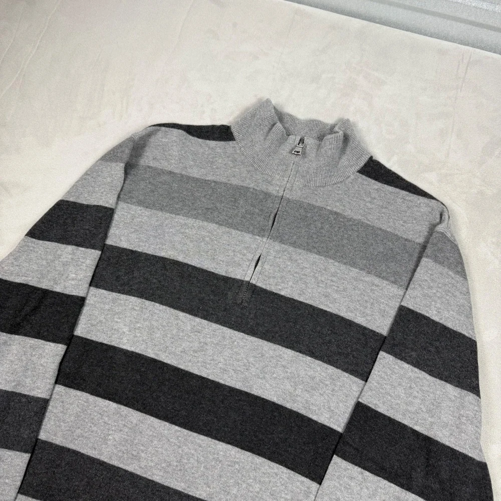Y2K Mens Banana Republic Striped Quarter Zip Pullover Sweater Grey XL